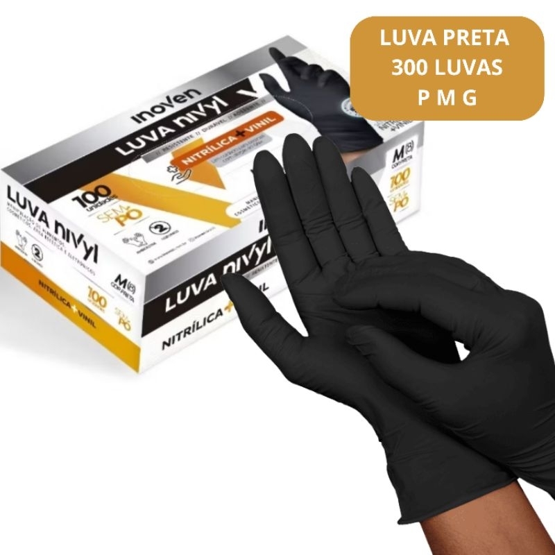 300 LUVAS PRETA NITRILICA + VINIL DESCARTÁVEL INOVEN - NIVYL SEM PÓ ...
