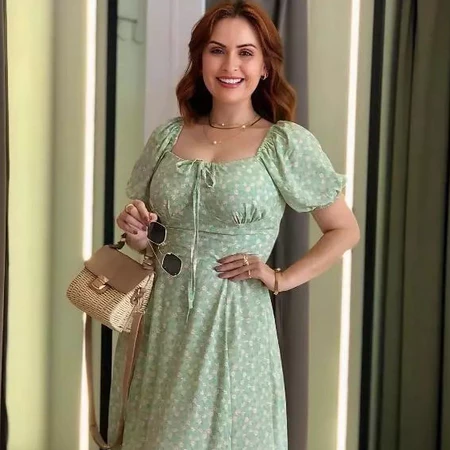 Vestido Mídi Romântico Floral com Manguinha e Elastex Cruzado Costa Tendencia 2026