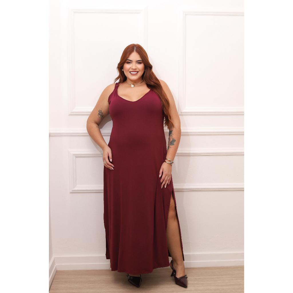 VESTIDO LONGO PLUS SIZE VISCOLYCRA VINHO DECOTE V COM FENDA