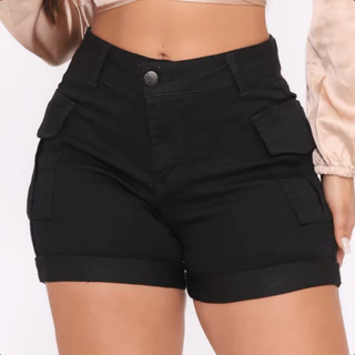 Short Jeans Cargo Cintura Alta Levanta Bumbum Com Lycra