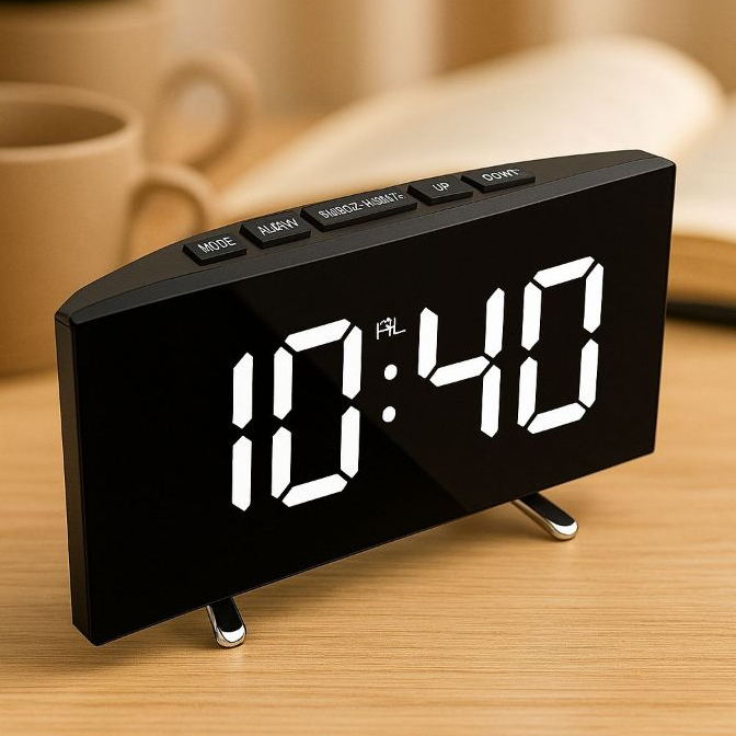 Relógio De Mesa Digital Led Despertador Alarme Temperatura Data Com Espelho Curvado