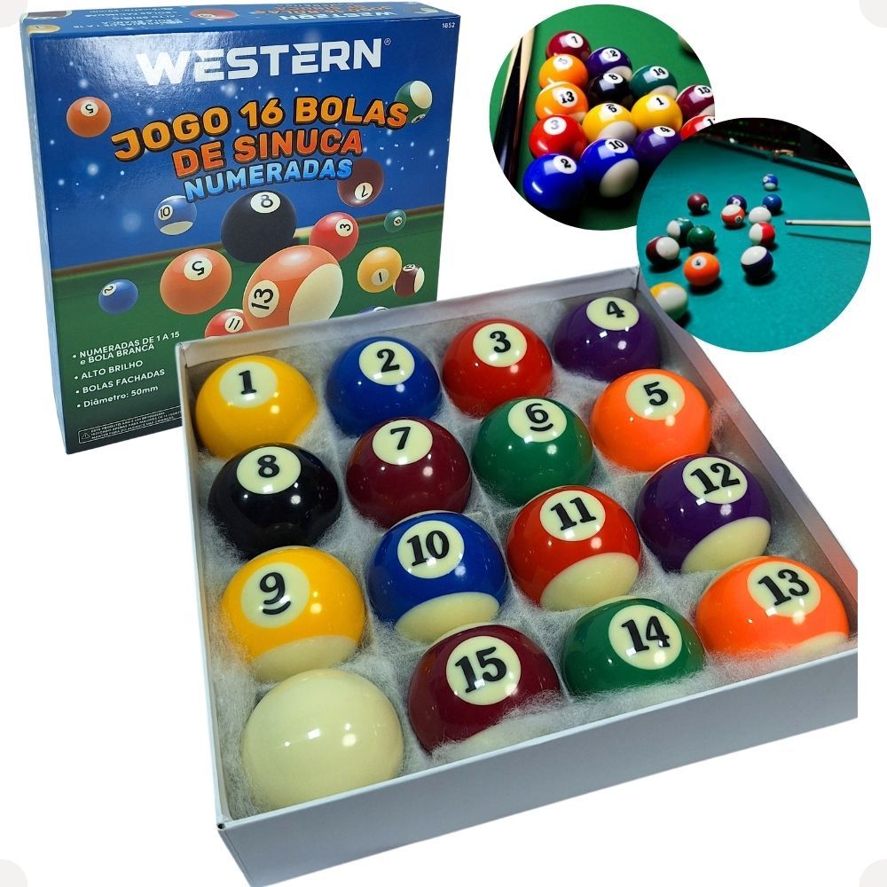 Jogo com 16 Bolas de Sinuca 15 Numeradas Fachadas e 1 Bola Branca 50MM ...