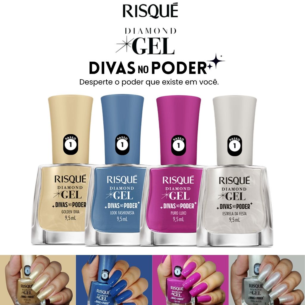 Kit 4 Esmaltes Lançamento Risqué Diamond Gel Divas No Poder Efeito Gel ...