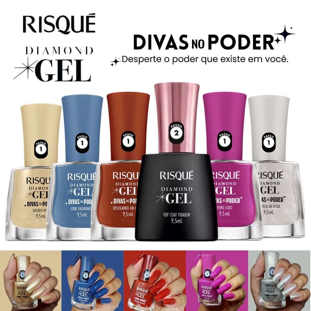Kit 6 Esmaltes Risqué Diamond Gel Divas No Poder Efeito Gel Nova ...