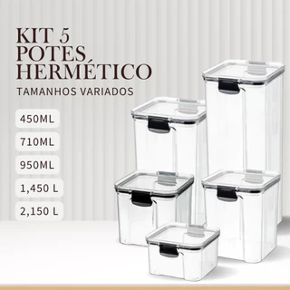 Kit 5 Potes Herméticos Organizador Empilhavel Mantimentos Com Lacre Vedação