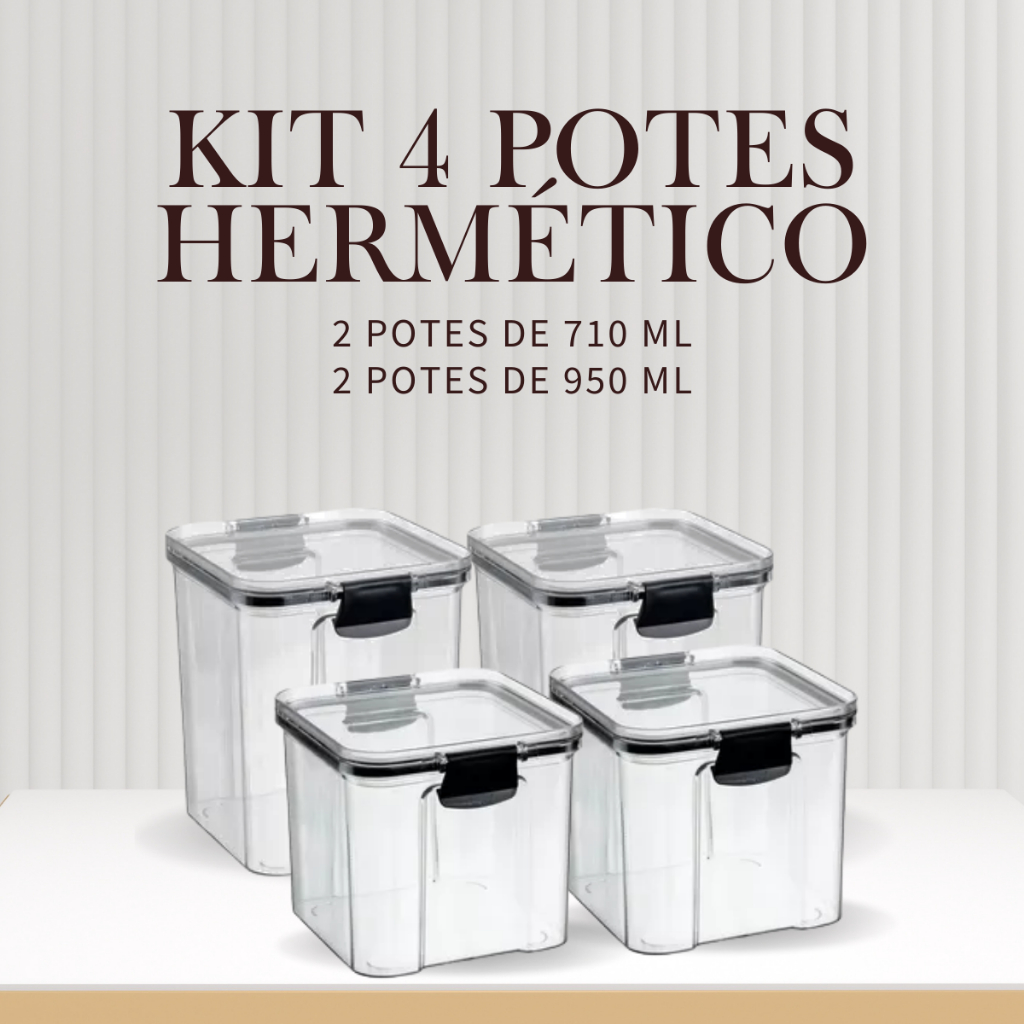 Kit 4 Potes Herméticos 2 de 710Ml e 2 950Ml Organizador Empilhavel Mantimentos Com Lacre Vedação | Shopee Brasil