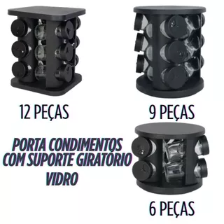 Porta Condimentos Preto Com Suporte Giratório Tempero 6 Ou 9 Ou 12 Potes De Vidro Com Dosador 90G em Oferta na Shopee