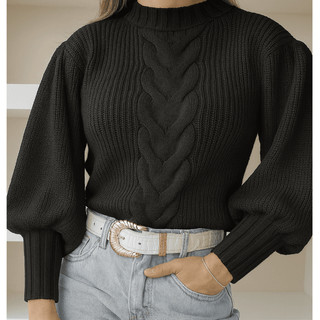 Blusa de frio feminina estilo blogueira com trança tendência 2025 blusa tricot manga bufante — foto 2 — Achou Levou Brasil
