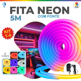 Kit 4 Fita de LED Mangueira Neon 5 Metros 60W Flexível Com Fonte 12V | 8 Cores