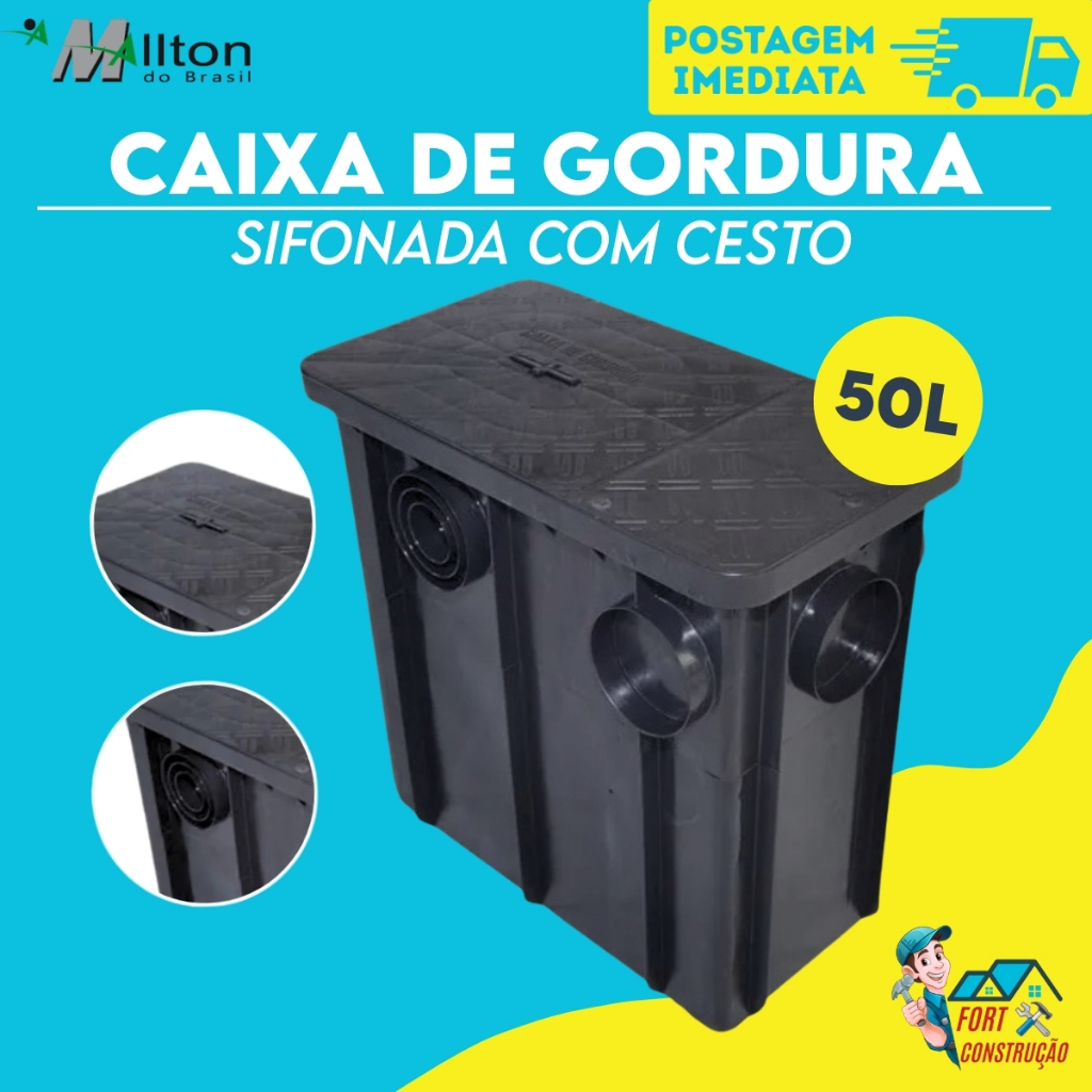 Caixa De Gordura Sifonada Grande 50L Mallton Coletora Com Cesto Suporta 2 Cozinhas