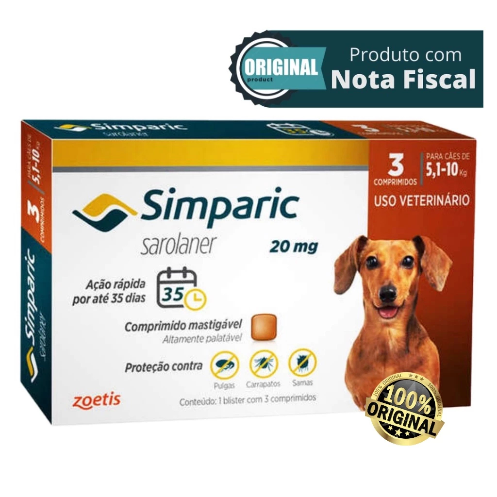 Simparic Cães - de 5 a 10 KG - 20 Mg - Caixa Com 3 Comprimidos | Shopee ...