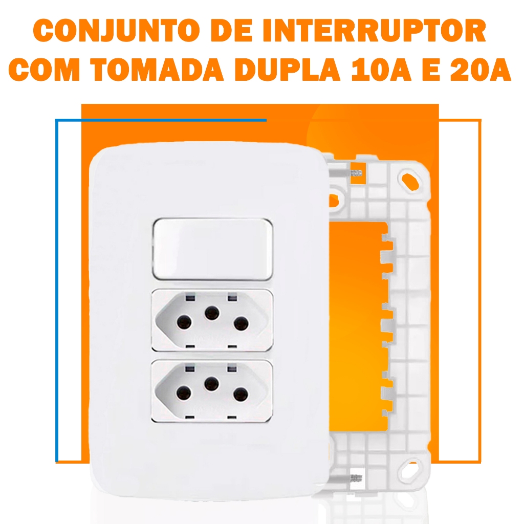 CONJUNTO COMPLETO TOMADA DUPLA 10A E 20A + 1 INTERRUPTOR SIMPLES 4X2 ...