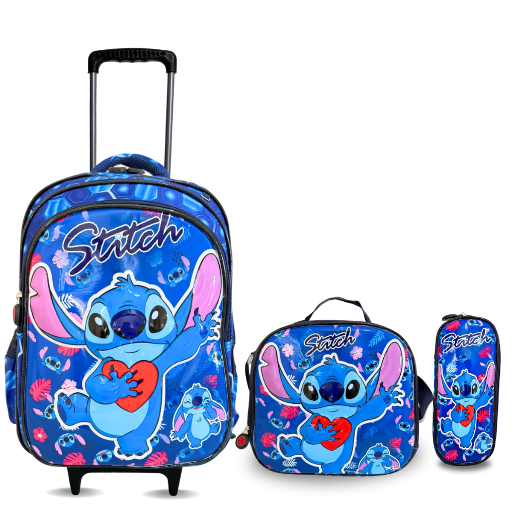 Kit Mochila Stitch Rodinha Escolar Infantil Azul Bolsa Grande Térmica ...