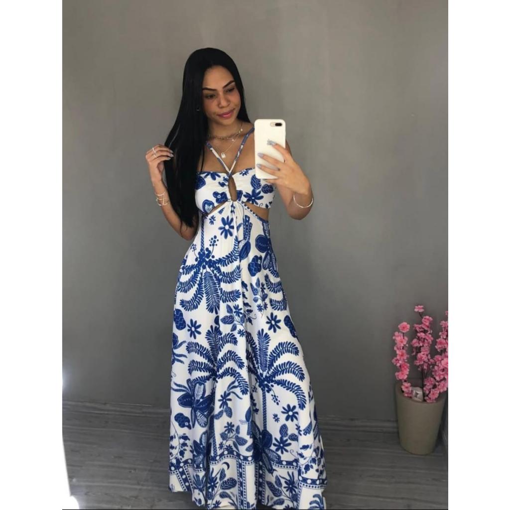 Vestido Isis Feminino Longo Floral Alças E Leve Recorte Na Cintura