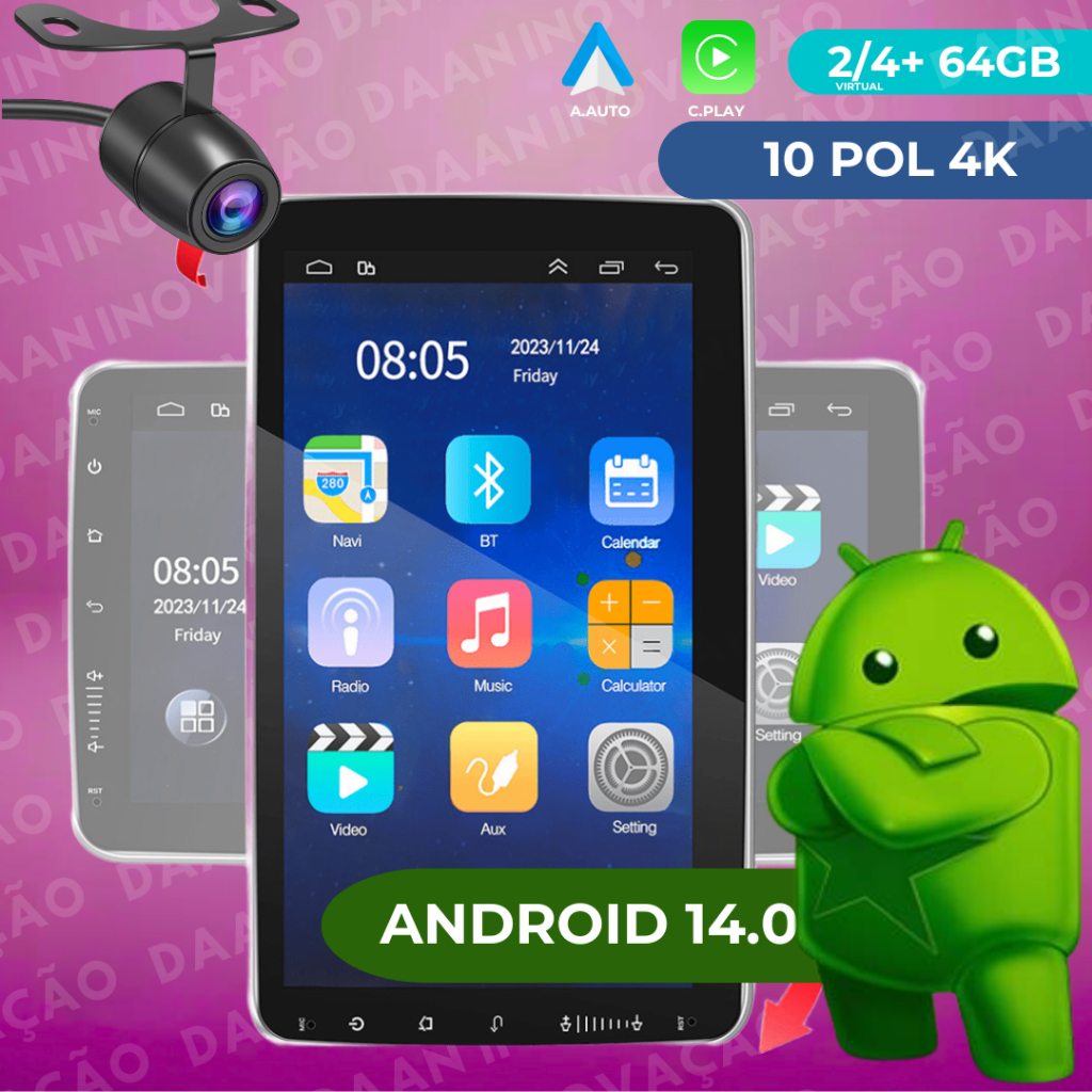 DAAN Central Multimídia 10' android 14.0 2+64GB Tela Rotativa Carplay ...