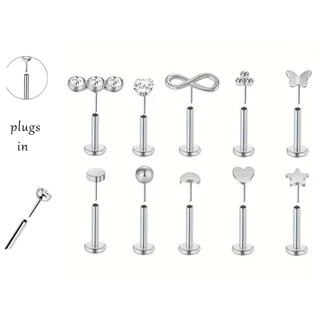 Piercing Labret pin push de plug Trágus, helix coração, estrela, lua, borboleta aço cirúrgico - 1 unidade