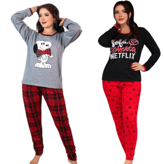 Pijama Feminino Inverno Frio Longo Estampado Netflix Snoopy Divertido/ Pijama Feminino Longo  Estampado Plus Size em Oferta na Shopee