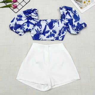 2025Conjunto camisa tamanho unico da pra amarra atras com elastano e com estampa , short com ziper sem bolso