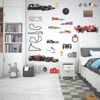 Adesivo Parede Decorativo Carros Corrida Fórmula 1 Pneus Bandeiras Capacete Pistas Decoração Quarto