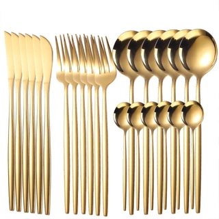 24 Peças Talheres Dourado de Aço Inox Garfo Colher Faca Colher De Mesa