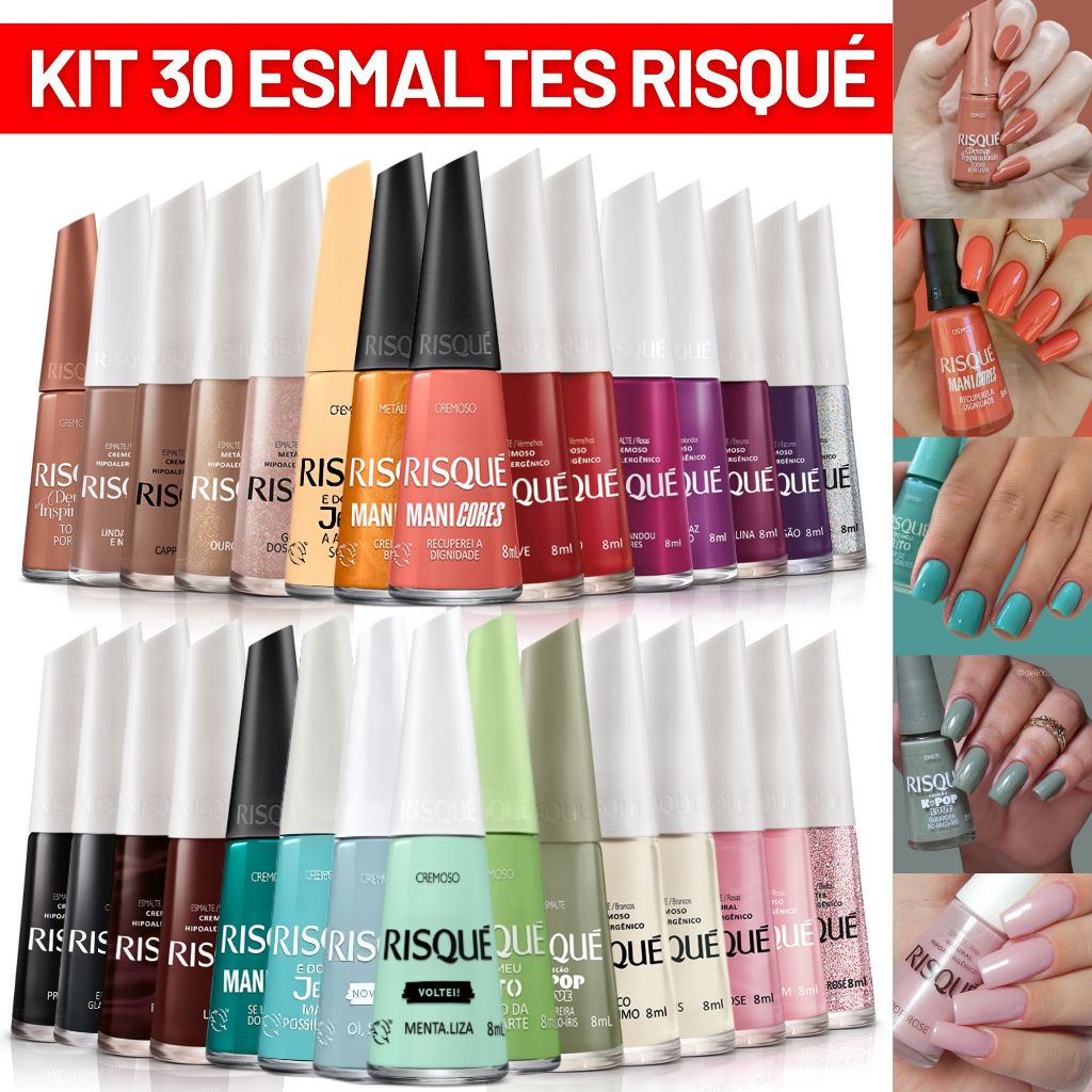 Kit 30 Esmaltes Risque Diversas Cores Cremoso Hipoalergênico Esmalte ...