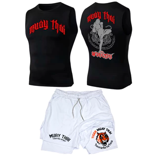 Kit Academia Regata Compressão E Short 2 em 1 Compressão Muay Thai Art Tiger Mode Luta Arte Marcial