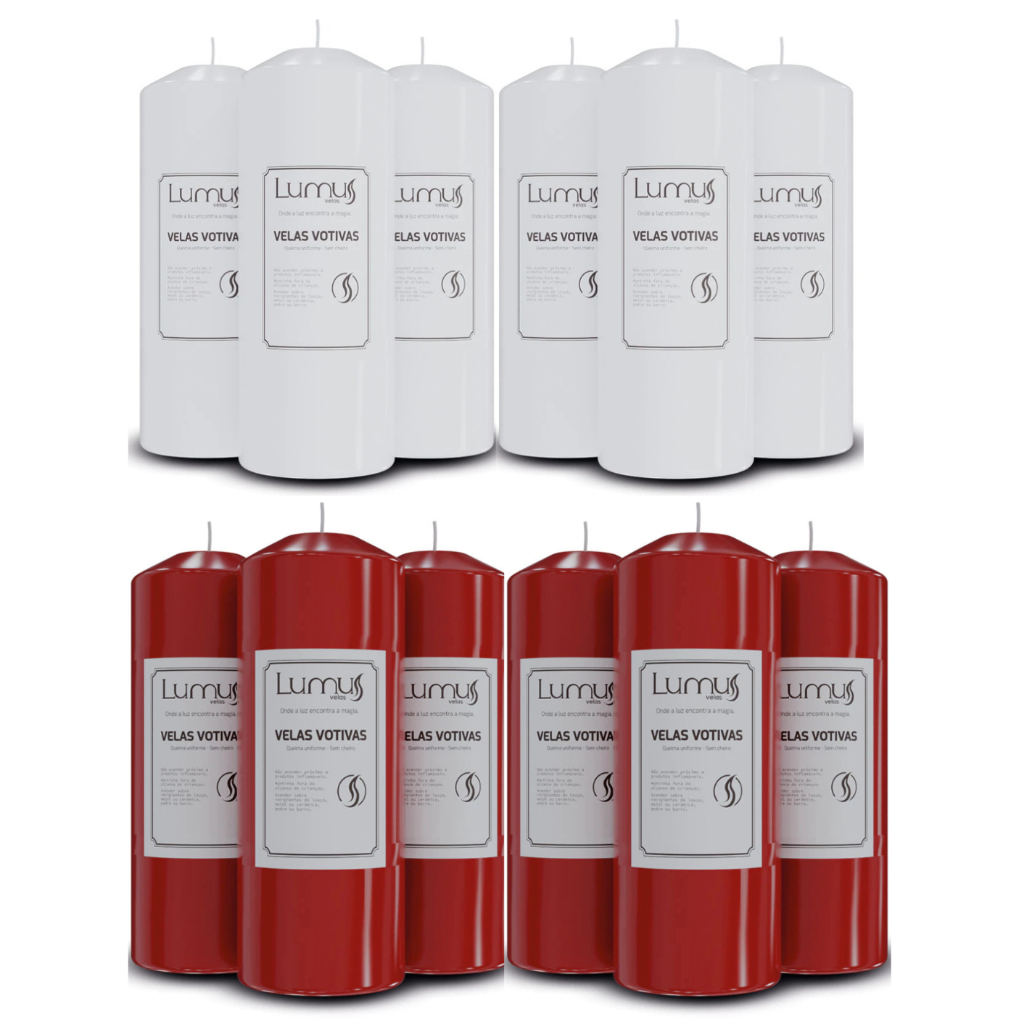Kit 14 Velas Brancas 7 Dias + 8 Velas Vermelhas 7 Dias 300g 100% Parafina + Celofone