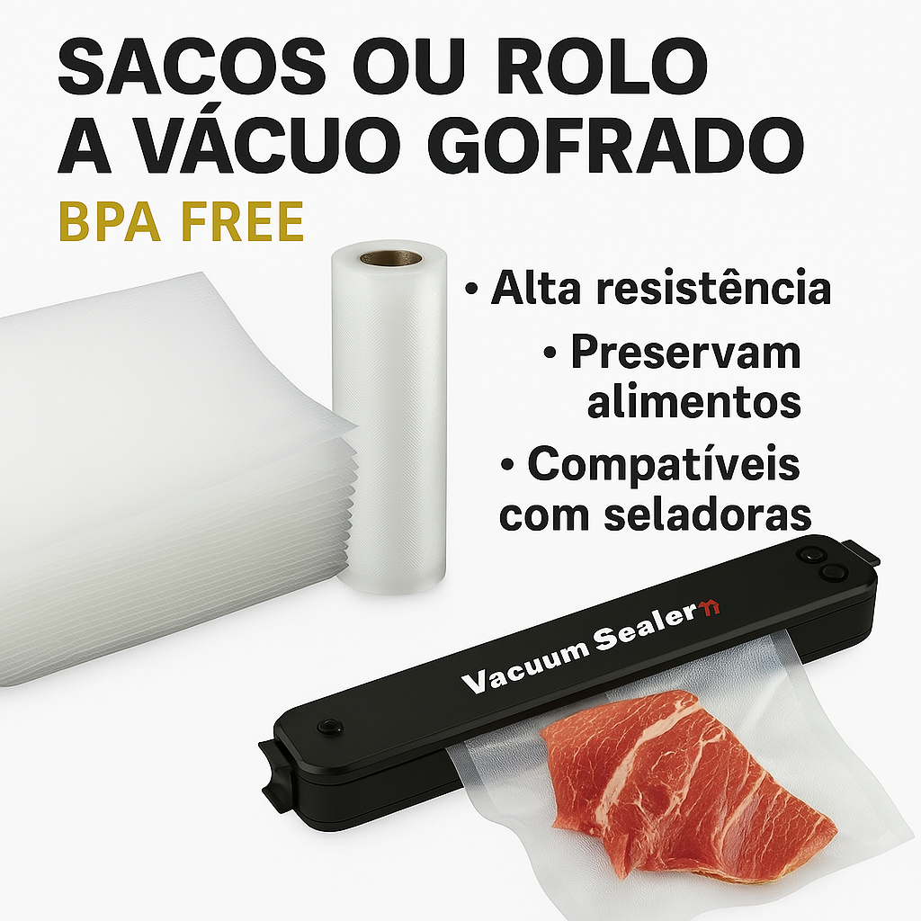 Rolo Saco Plástico a Vácuo Gofrado p/ Seladora — Texturizado, Ideal p/ Alimentos e Sous Vide