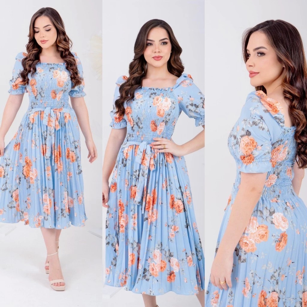 Vestido Midi Plissado Azul floral Tecido Leve Elástico na Cintura Todas ...