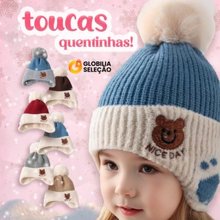 Touca Infantil Gorro Forrada Pompom com Proteção Orelhas Com Estampa Urso Quentinha Frio Para 3 a 10 anos FMZ0326 em Oferta na Shopee