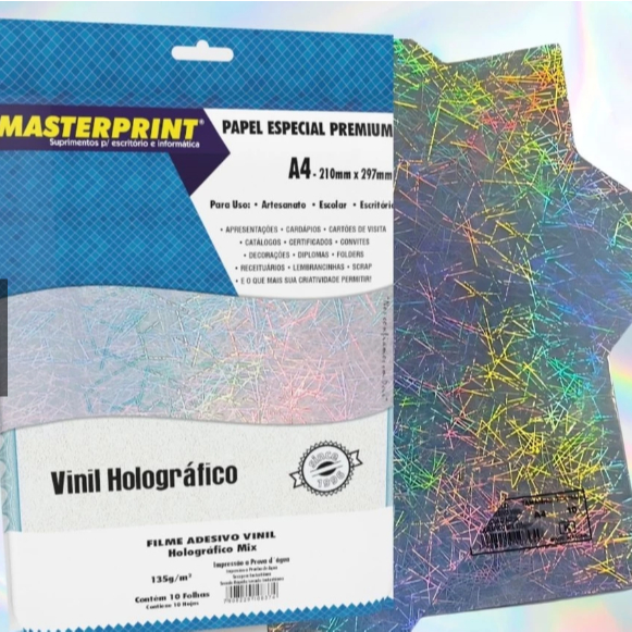 Adesivo Vinil Holográfico A4 135g - 10 Folhas Masterprint - jato de tinta corante a prova de água