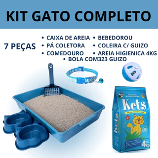 Kit Completo Gato 7 Peças Premium Caixa de Areia de Gato Bebedouro, Comedouro, Coleira e Areia 4KG