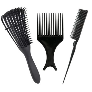 Kit Cuidados Para Cabelos Cacheados & Crespos CORES SORTIDAS Escova Polvo Pente tres fileiras & Pente Garfo
