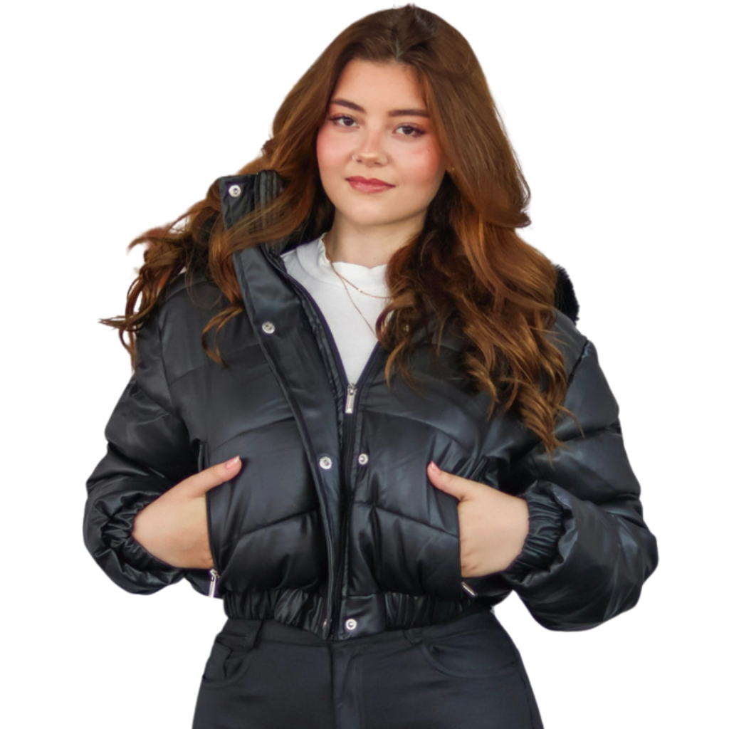 Blusa De Frio Feminina Jaqueta de Couro Casaco Cropped Puffer Frio Inverno  Capuz Removivel