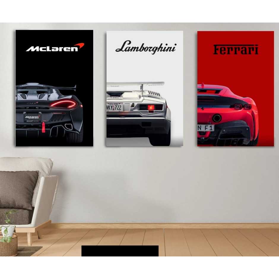 Quadros Decorativos 3 Peças 60x40 Carros de Luxo Lamborghini Ferrari e McLaren | Quadro de Decoração Para Quarto