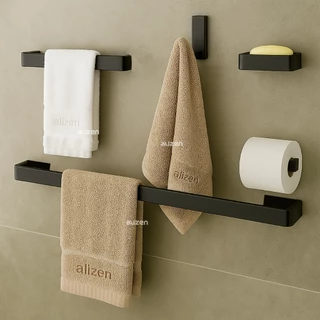 Kit Acessórios para Banheiro 5 Peças Preto Fosco – Porta Toalhas e Saboneteira Super Luxo