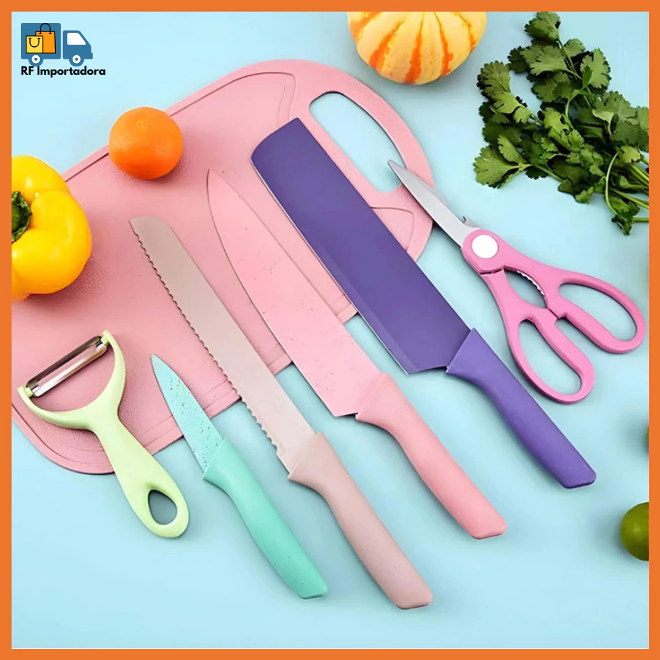 Kit Cozinha 6 Itens Facas Culinárias Coloridas Multifuncionais Cm Tábua De Cozinha