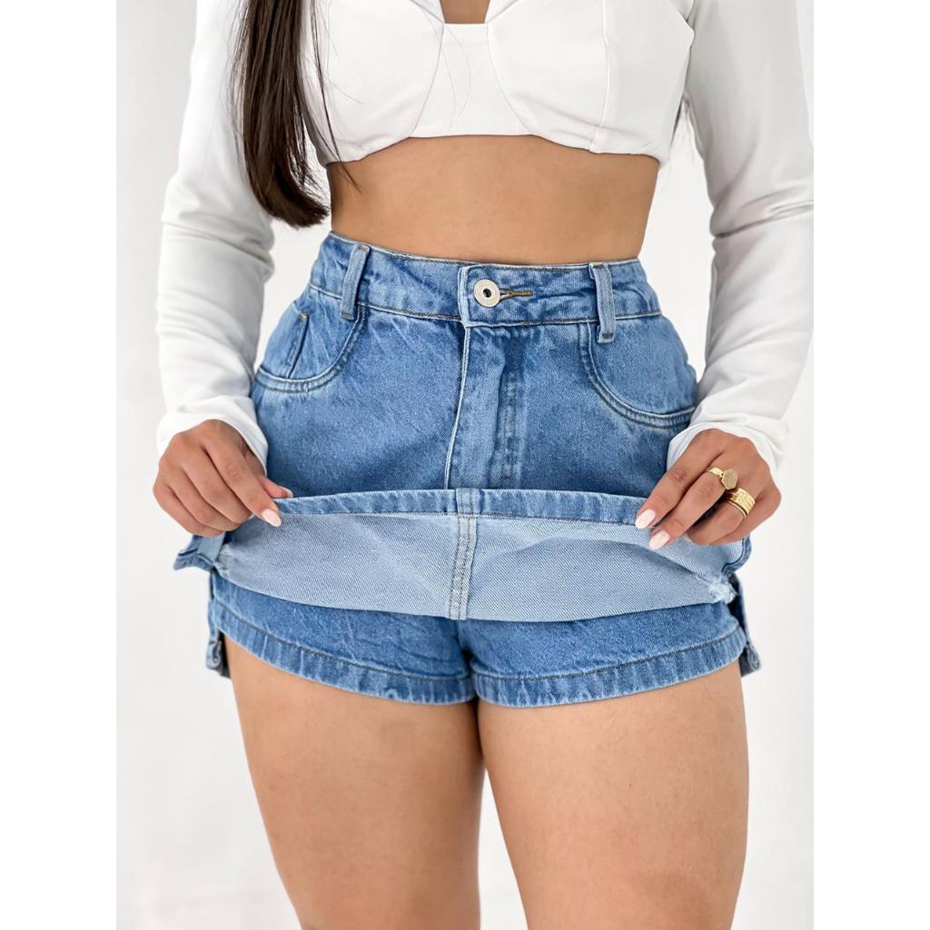 Short Saia Jeans Feminino Cintura Alta Com Lycra | Shopee Brasil