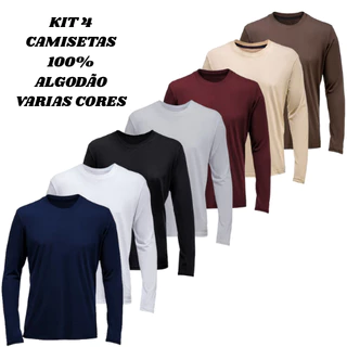 Kit 4 Camiseta Manga Longa Masculina 100% Algodão Camisa Lisa Basica Com Reforço Ombro A Ombro