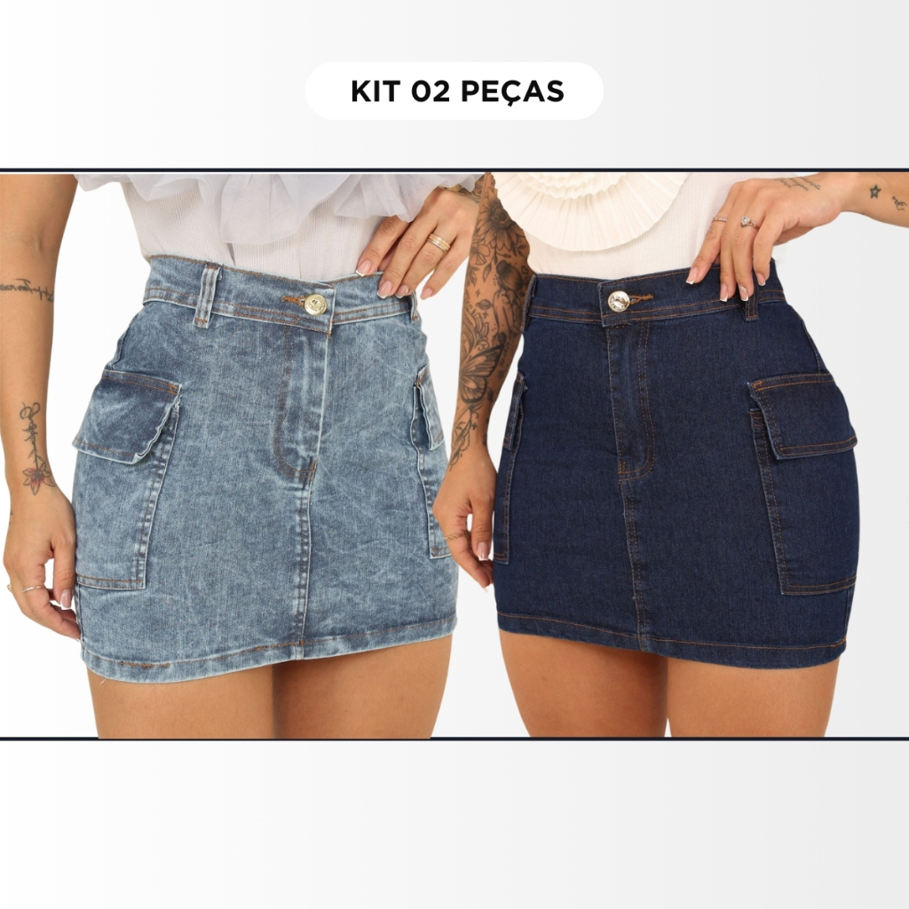 Saia Jeans Cargo e Short Meia Coxa Jeans Feminino Premium | Shopee Brasil