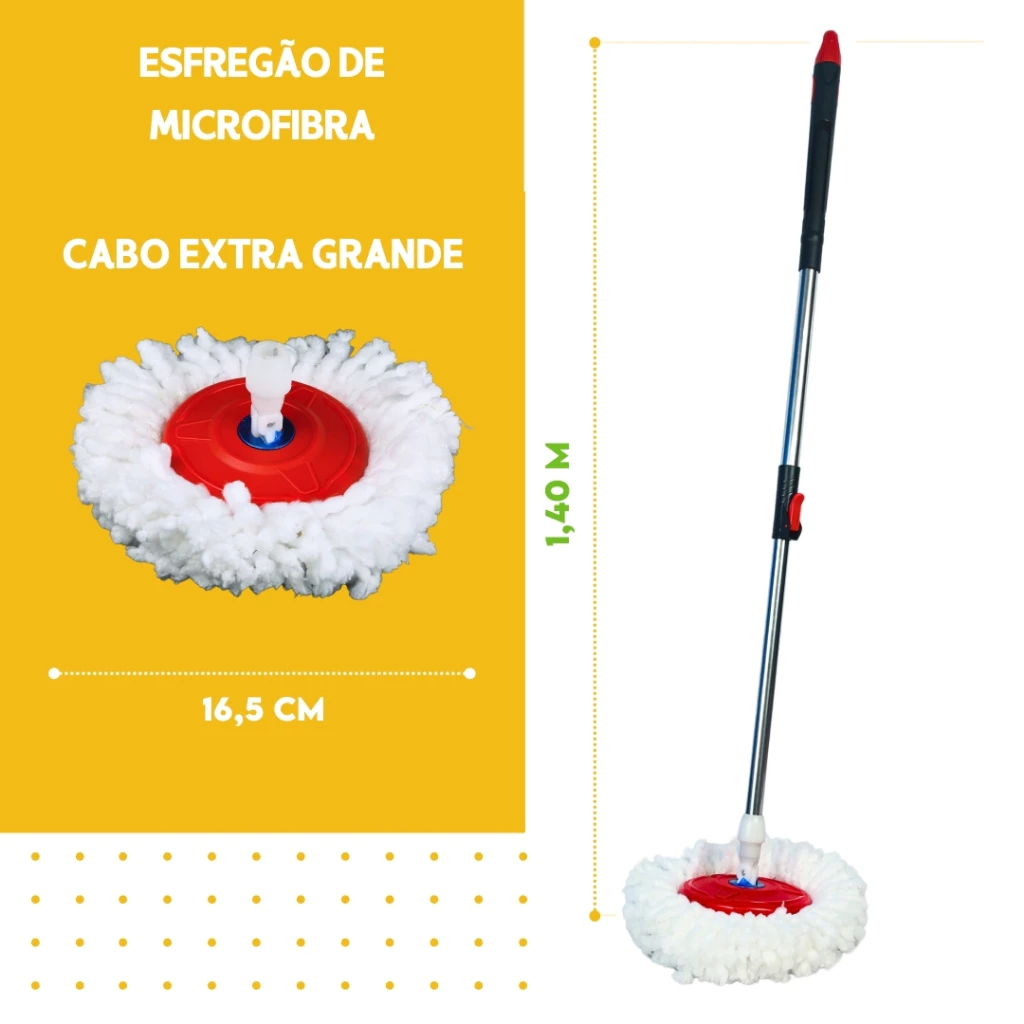 Mop Girátorio Cleaner Profissional – Balde com Centrífuga 14L + Refil Duplo e Cabo Reforçado - MN - Imagem 3