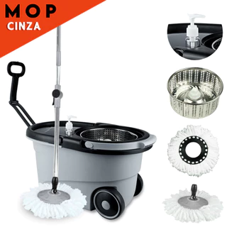 Mop Giratório Cesto Em Inox C/ Rodas e Alça Cabo de 150 cm Kit Completo Para Limpeza Cinza - SHEFA