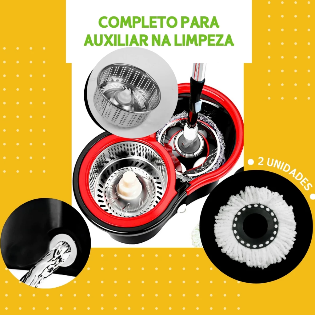 Mop Girátorio Cleaner Profissional – Balde com Centrífuga 14L + Refil Duplo e Cabo Reforçado - MN - Imagem 4