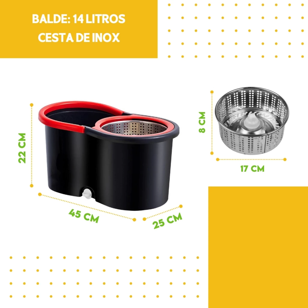 Mop Girátorio Cleaner Profissional – Balde com Centrífuga 14L + Refil Duplo e Cabo Reforçado - MN - Imagem 2
