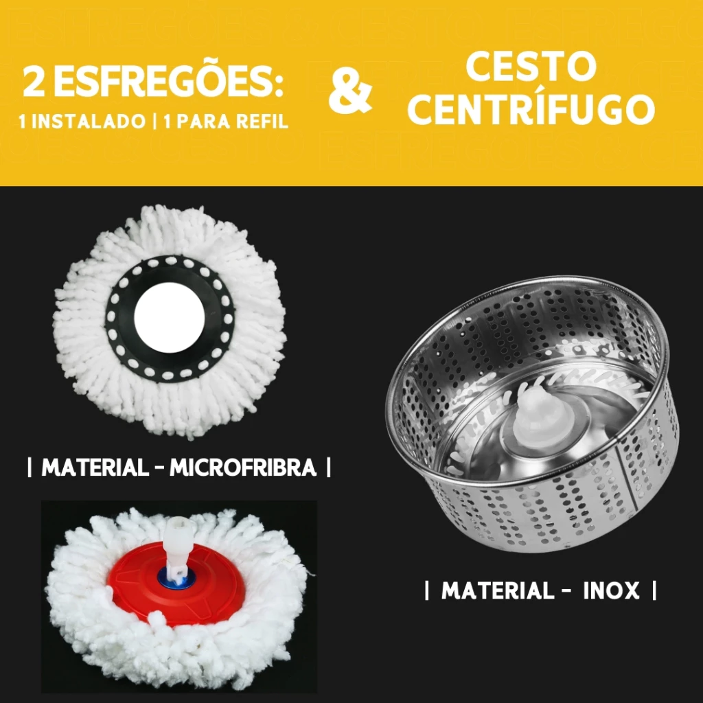 Mop Girátorio Cleaner Profissional – Balde com Centrífuga 14L + Refil Duplo e Cabo Reforçado - MN