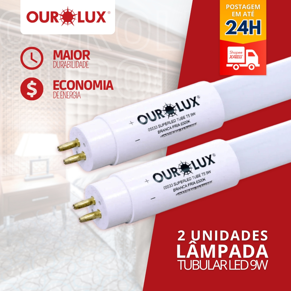 Kit 2 Lampadas Led Tubular T8 9W Bivolt G13 6500K 60cm