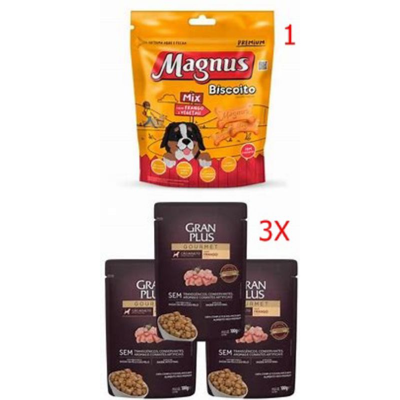 Kit Econômico para Cães – Biscoito Magnus Mix 1kg + 3 Sachês GranPlus ...