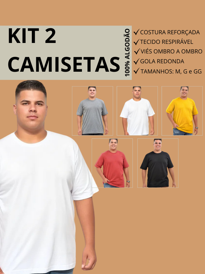 kit camisetas Plus Size 100% algodão premium masculina tamanhos