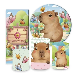 Kit Painel de festa Capivara, painel redondo, capa de cilindro e portal retangular, portal romano