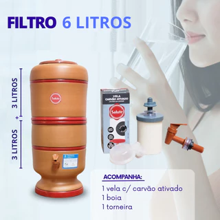 Filtro de Água de Barro 6 L + Vela Carvão Ativado + Boia Grátis + Acessórios